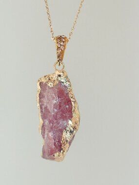 Raw Pink Stone Necklace Gold Edge Pendant Romantic Gift